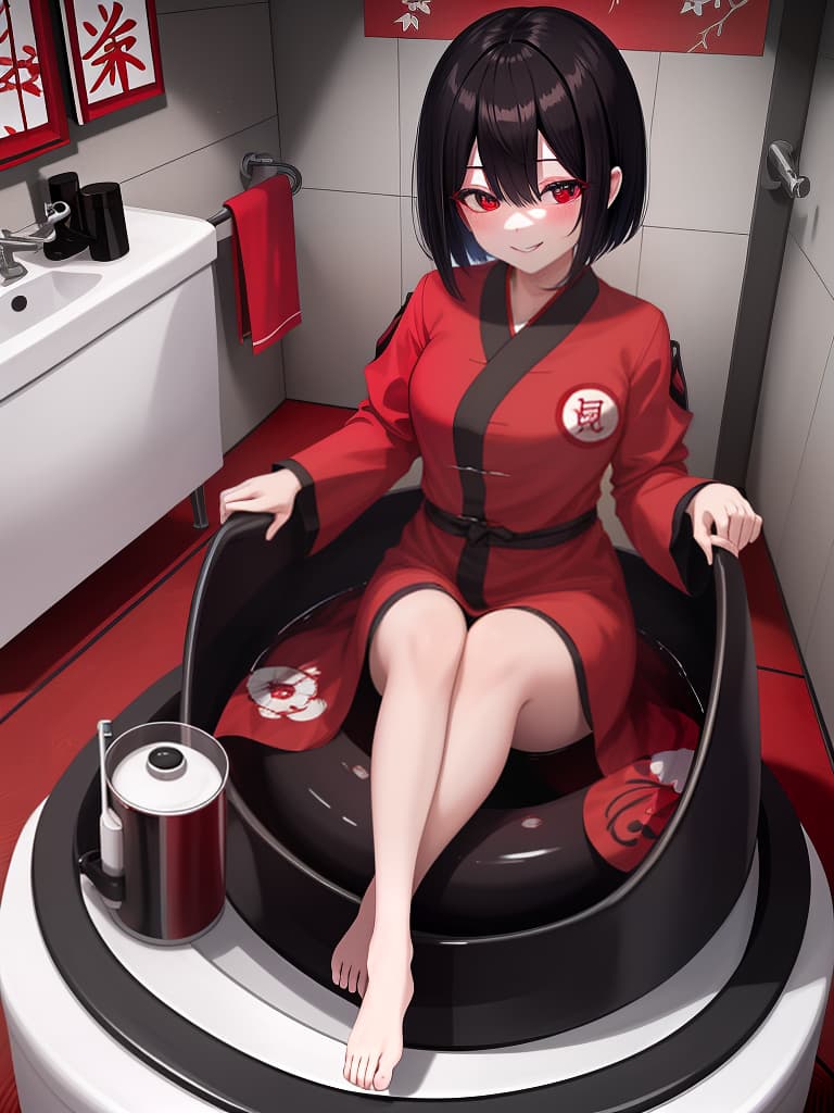  hanako in the toilet, black bob, toilet, dubious atmosphere, youkai, red white shirt, bewitching smile, dark night, masterpiece, best quality,8k,ultra detailed,high resolution,an extremely delicate and beautiful,hyper detail