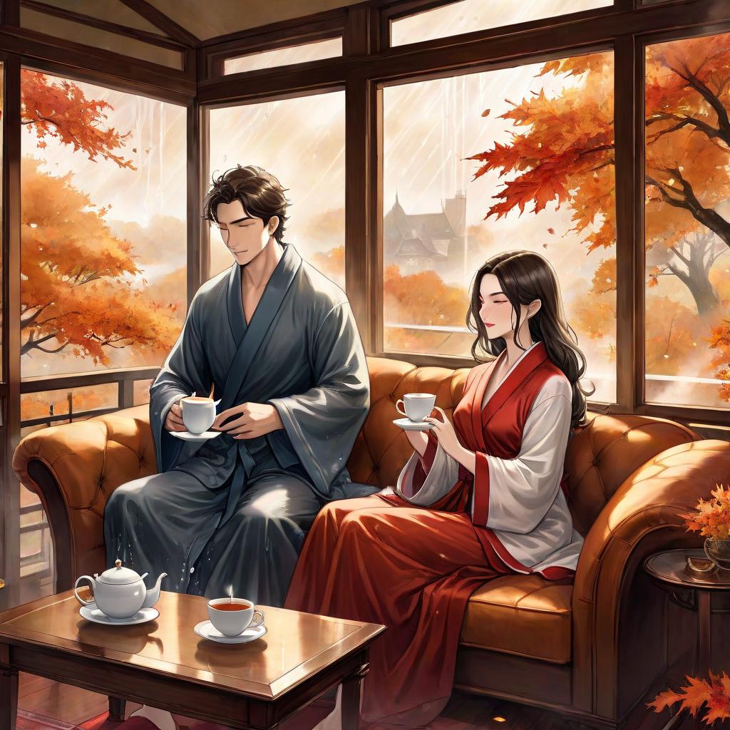  digital illustration, ink and watercolor on parchment, with fine shading of the edges, depicting an two lovers, a man and a woman dressed in pajamas, sit on a sofa at a table and drink hot tea, look out the panoramic window, a monotonous autumn rain falls outside the window, the wind carries autumn leaves, soft diffused lighting in warm tones envelops her, enhancing the mystical aura around her slender form.