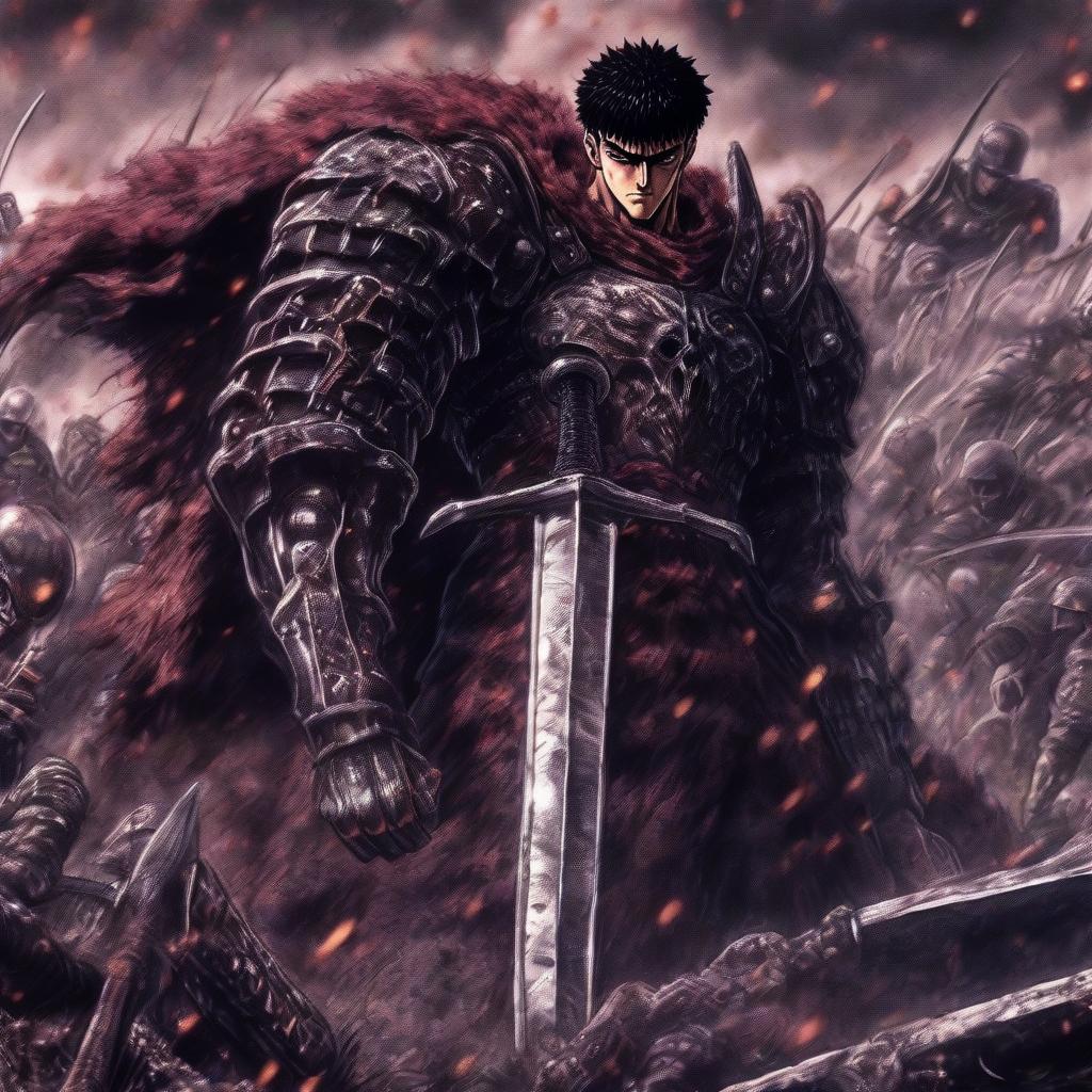  a character named guts from the anime berserk stands on the battlefield with soldiers. he has a metal prosthesis instead of his left hand, in his right hand he holds a large two meter sword placing it on his shoulder, his right eye is covered with a scar from a cut. anime realistic style with a detailed study of the face and body. resolution 1920 x 1080