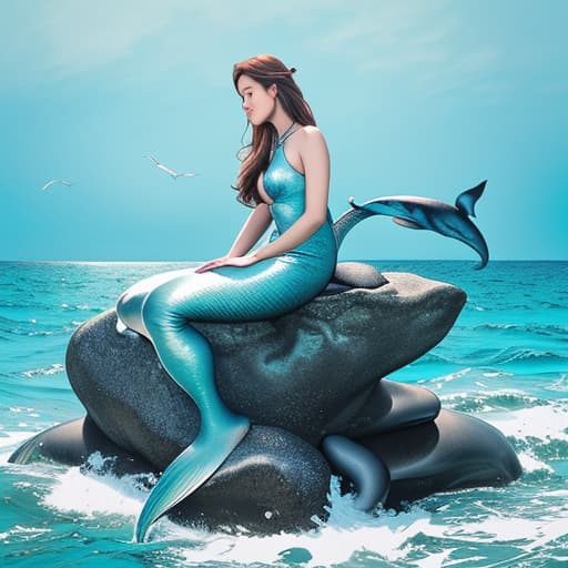  Mermaid sitting on rock in the ocean with whale and fish