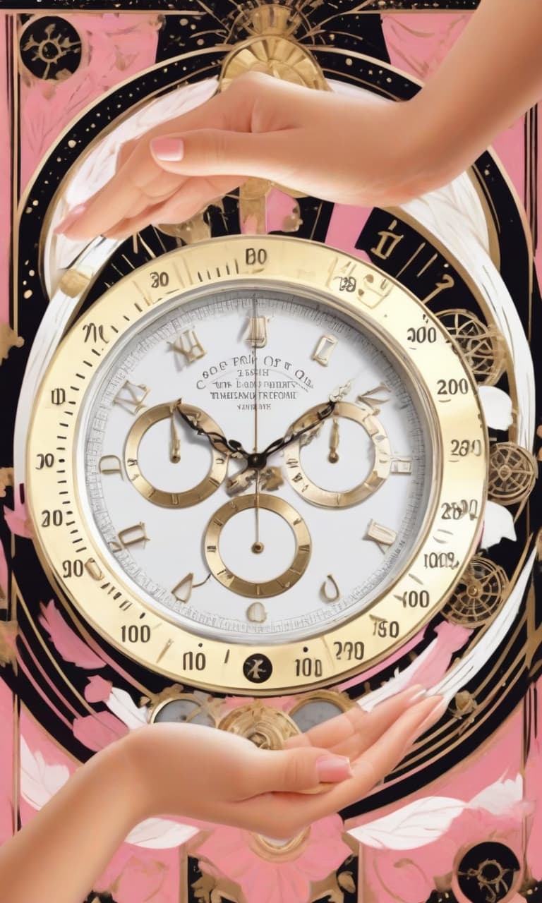  concept art color pink, white, black, gold clock, wheel of fortune two hands . digital artwork, illustrative, painterly, matte painting, highly detailed, perfect hands