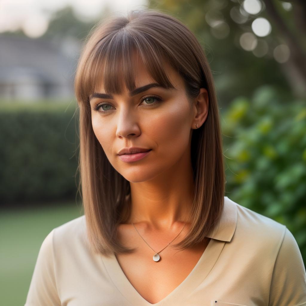  (((realistic full torso frontal head shot of a light beige to medium tan skin tone woman))), liselotte jane winkler, ((caucasian heritage)), immature face, brown eye color, ((bangs hair style)), (( hair color)), (( body type)), small size, big size, (immature flat nose), (immature defined cheekbones), (immature angular jawline), (immature full lips), (immature wide forehead), (immature even eyebrows), (immature dimpled chin), standing straight looking directly into the camera,((wearing fitted polo shirt with deep v neck and monogrammed pocket)), backyard in background, 1, best quality, highest quality, award winning photo, masterpiece, raw, professional photography, photorealism, sharp focus, cinematic, hi hyperrealistic, full body, detailed clothing, highly detailed, cinematic lighting, stunningly beautiful, intricate, sharp focus, f/1. 8, 85mm, (centered image composition), (professionally color graded), ((bright soft diffused light)), volumetric fog, trending on instagram, trending on tumblr, HDR 4K, 8K