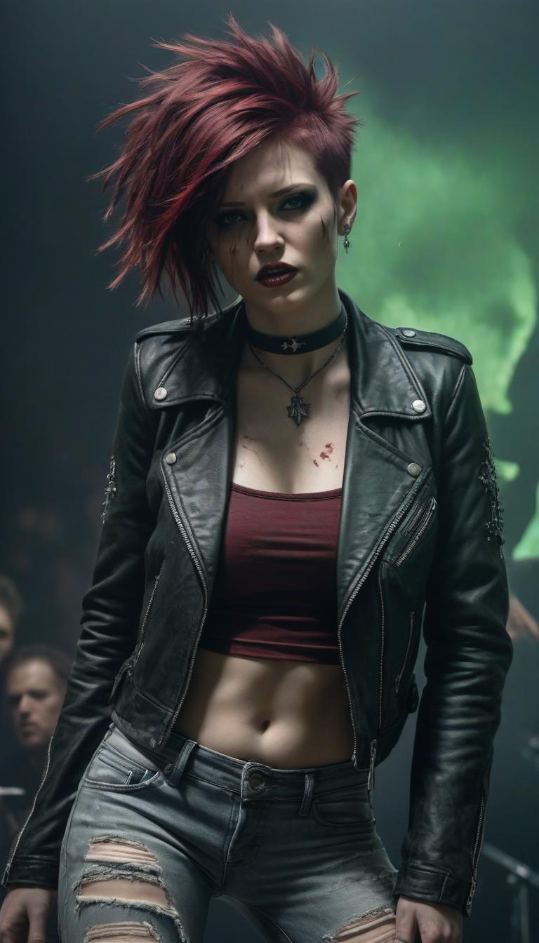  horror themed ((best quality)), ((masterpiece)), (detailed), beautiful punk rock , in leather jacket and torn jeans . against the background of the concert scene. choker. aggressive pose, green eyes, burgundy hair, you can see a well structured abdomen. beautiful s. extremely close up portrait style plan. this work uses multiple exposure, overlay of textures and expert post processing to convey a sense of dynamism and depth. the inclusion of style adds a unique charm to the character, enhancing its complexity and bringing a fresh look to the composition. . eerie, unsettling, dark, spooky, suspenseful, grim, highly detailed