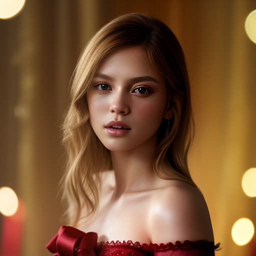  open golden gift box with red ribbon, light background with golden bokeh, studio shooting, realistic, detailed, textured, skin, hair, eyes, by alex huguet, mike hill, ian spriggs, jaecheol park, marek denko