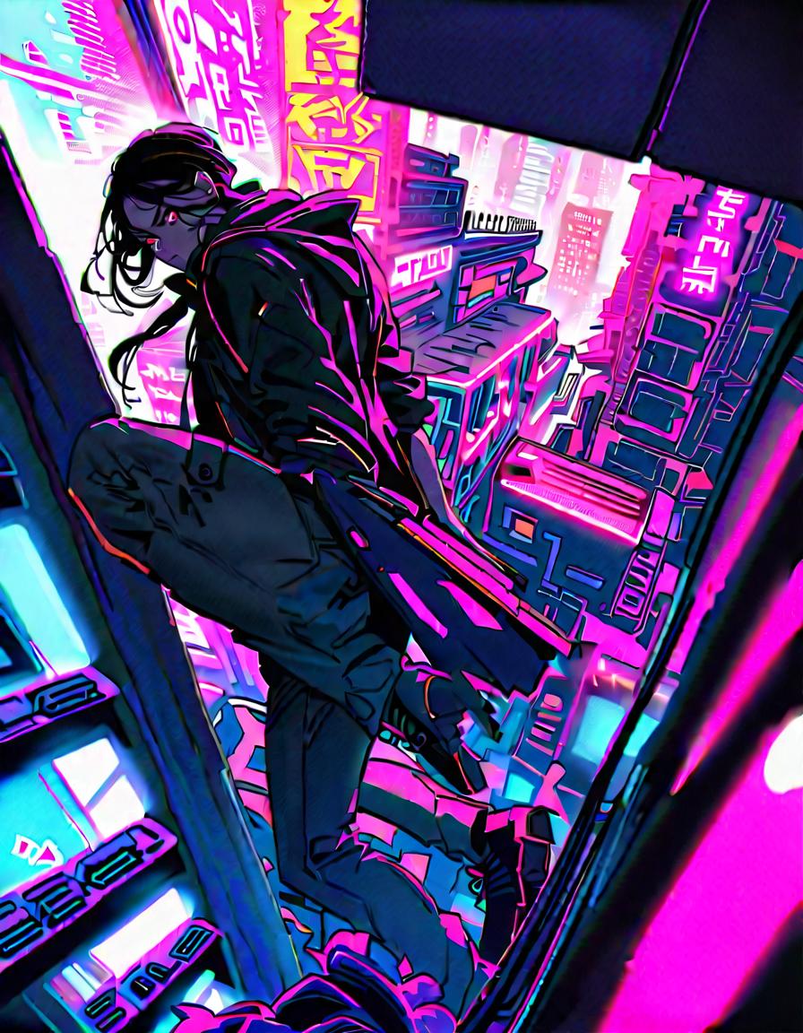  young, handsome, heavily armed man, defending a rooftop from attackers, determined and fierce, break cyberpunk adventure in neon city, dystopian urban rooftop, graffiti covered walls, futuristic weapons, neon signs, scattered debris, break gritty, chaotic, and vibrant, glowing neon lights, dramatic shadows, and dynamic movement,