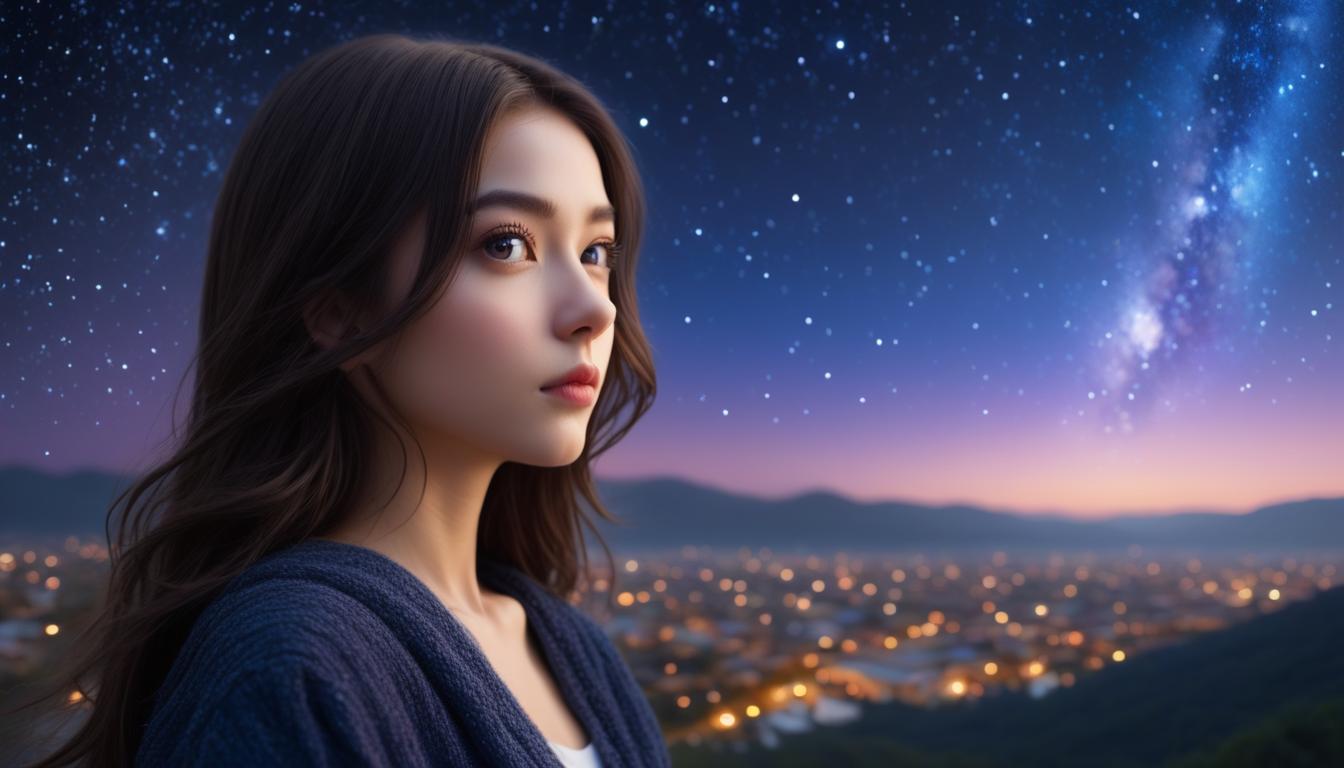  one girl, beautiful face, detailed eyes, starry sky background