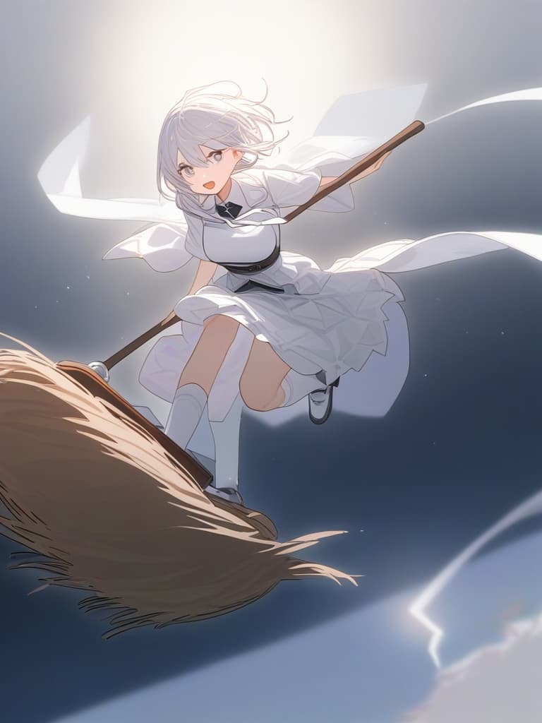  one boy, fly in the sky with a broom, (((peach white white type flight method))), (((broom))), stand on a flying broom