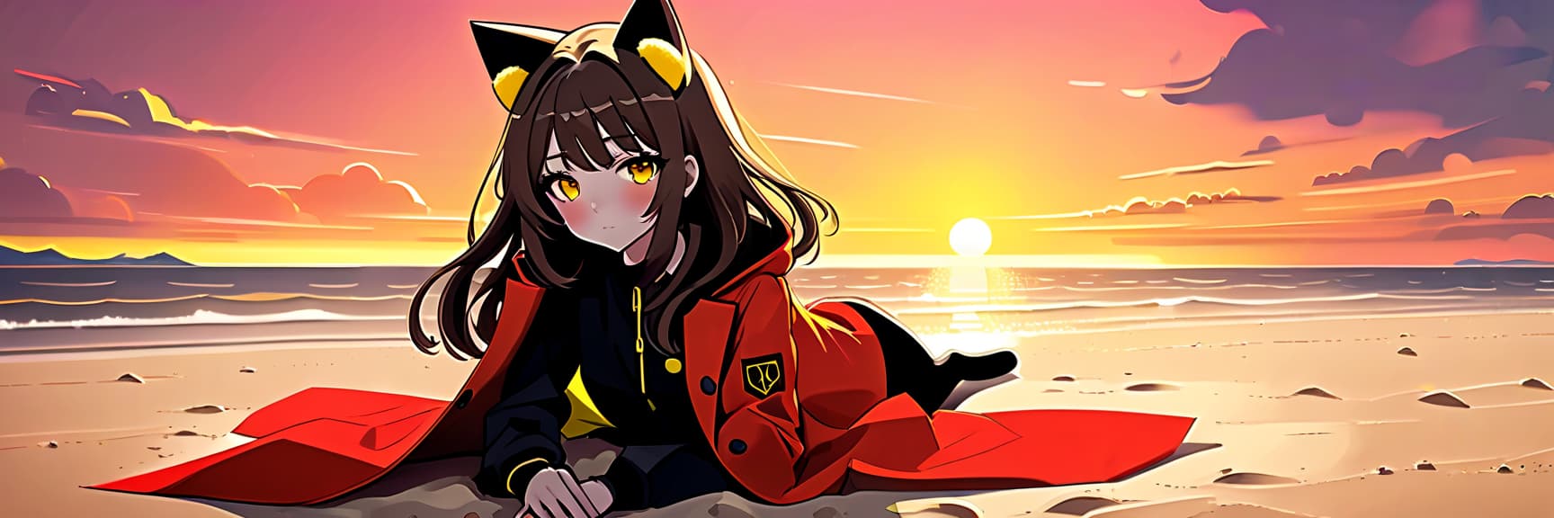  architectural style an anime girl with cat ears sits on the sand on the beach. she has long dark brown hair, which flies slightly in the breeze. her face, with pronounced jewish and slavic features, radiates lively energy. brown eyes are full of deep emotions, as if reflecting the vast expanses of the ocean. she wears a bright yellow coat, which seems to shine, catching the eye and contrasting with the soft shades of the sunset. under her coat she wears a black shirt and black shorts are decorated with yellow elements, creating a stylish and dynamic look. a bright red sunset turns into night, and the bright red rays of the sun fall on the terrain and contrast with the night darkness. . clean lines, geometric shapes, minimalist, modern, arch