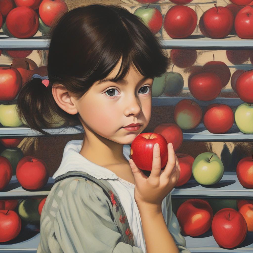  masterpiece, best quality, A close-up shot of a girl's innocent face, with a subtle hint of mischief in her eyes, as she holds a red apple in her hand. The background is a blurred playground, giving a sense of youth and innocence. The mood is yet , hinting at forbidden . The style is modern and edgy, with vint colors and sharp details. Realization: Fujifilm Pro 400H.