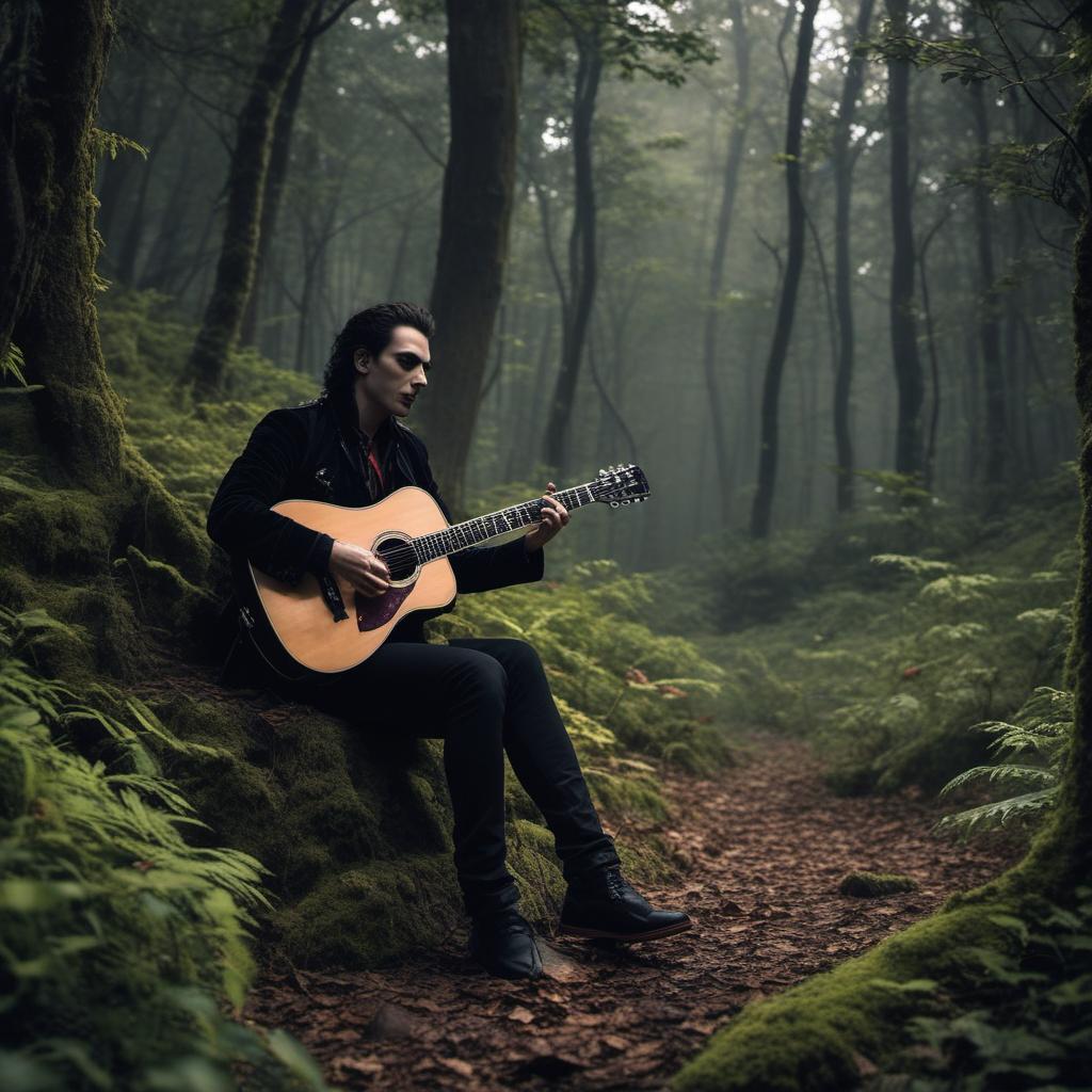  un vampire guitariste dans une forêt hantée , mystical style