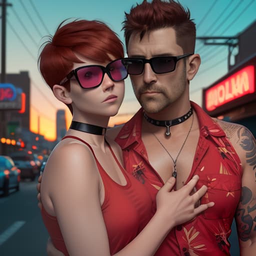  a woman with short red hair. pixie haircut. wearing sunglasses, a tank top, with a choker around his neck. hugging a strong, slightly overweight, dark haired man in a hawaiian shirt with elbow length sleeves and pixel glasses. the street of the city. evening. neon sunset. neon sign "cherry joe". digital photo. high detail. high realism.