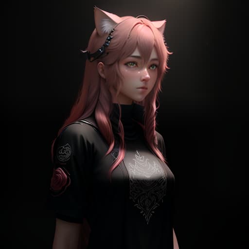  A young , with rose colored hair, medium length hair, wearing black clothing, with cat ears, in a drawn style., realistic, conventional, literal hyperrealistic, full body, detailed clothing, highly detailed, cinematic lighting, stunningly beautiful, intricate, sharp focus, f/1. 8, 85mm, (centered image composition), (professionally color graded), ((bright soft diffused light)), volumetric fog, trending on instagram, trending on tumblr, HDR 4K, 8K