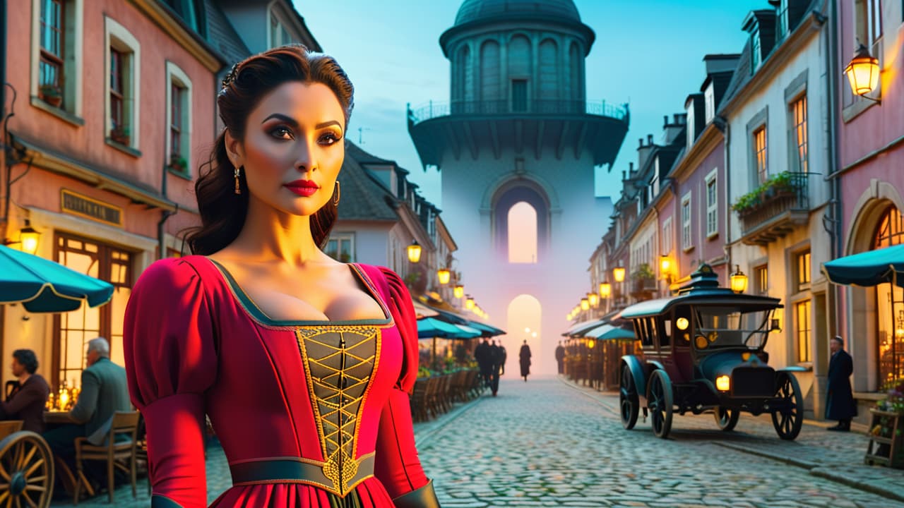  a split scene: one side features futuristic cities with sleek spaceships, aliens, and robots; the other side shows a historical village with horse drawn carriages, cobblestone streets, and people in period costumes, blending both genres visually. hyperrealistic, full body, detailed clothing, highly detailed, cinematic lighting, stunningly beautiful, intricate, sharp focus, f/1. 8, 85mm, (centered image composition), (professionally color graded), ((bright soft diffused light)), volumetric fog, trending on instagram, trending on tumblr, HDR 4K, 8K