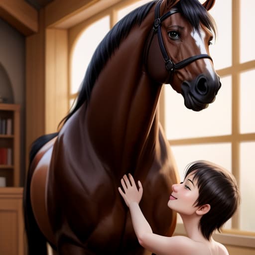  Horse , ing young human , , full body, beastiality, , horse on young , horse in view, full view, open eyes, digital art, masterpiece, 4k, fine details,