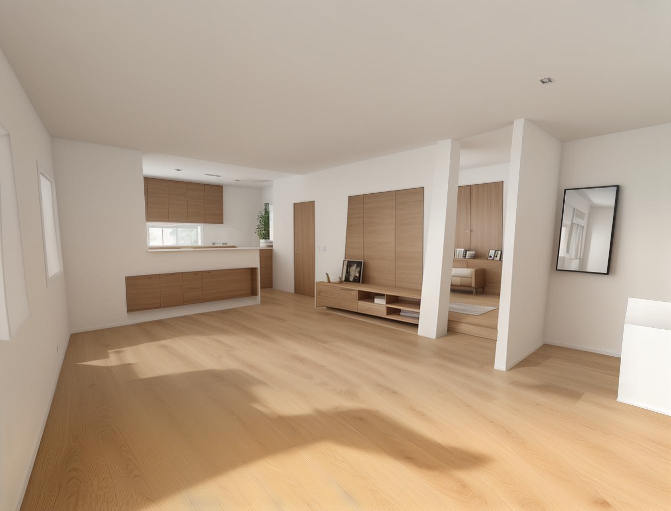  produce a photorealistic rendering of a minimalist living room with a wooden floor. the space should feature a simple, modern sofa as the focal point, with clean lines and neutral colors that complement the natural wood grain of the flooring.