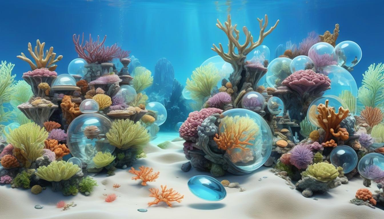  futuristic 3d image of an underwater urban landscape with crystal clear domes, elegant water transport and buildings inspired by coral formations in light blue tones