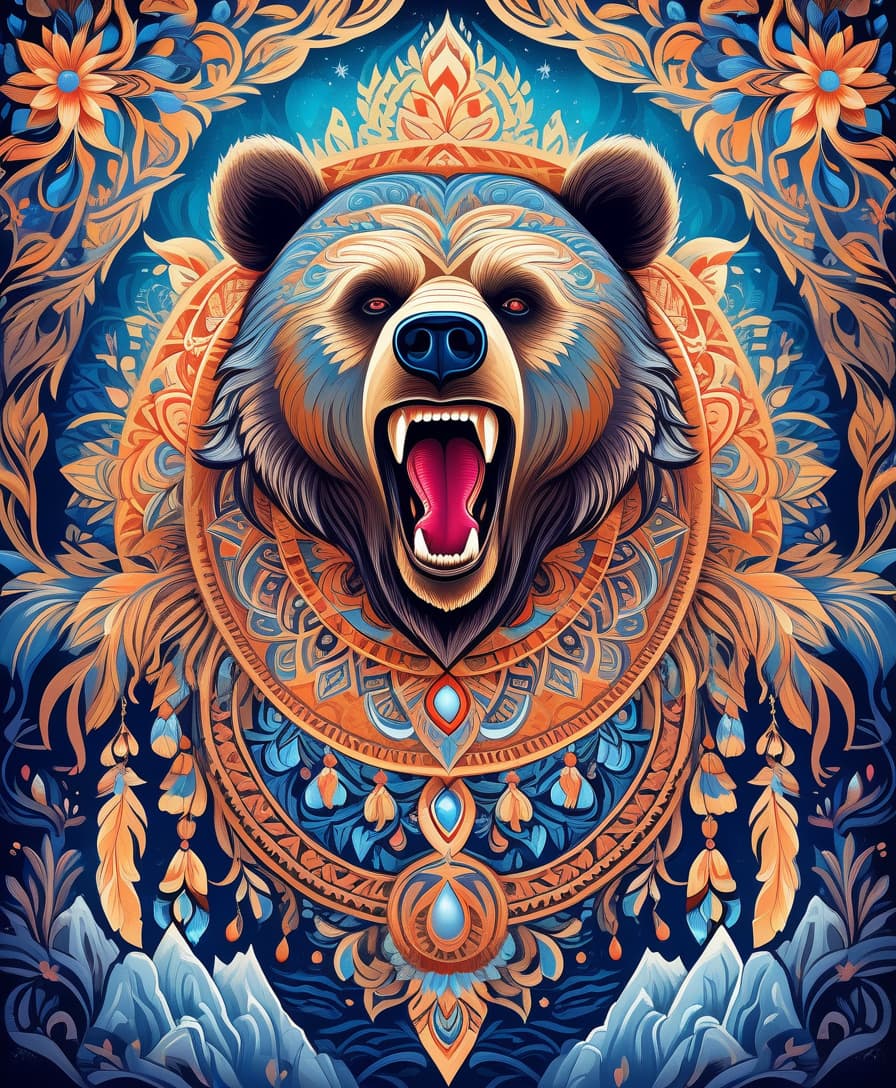  impressionist painting masterpiece, hdr 8k, digital image. conceptual art. (a bear with a bared mouth full of sharp fangs, appearing in ancient russian ethnic ornaments that make up a symmetrical mandala consisting of an endless forest, a wide flowing river and majestic mountains, the mandala is decorated with a fantastic ice pattern). abstract elements: stones, tree leaves, flowers. the effect of dissolving the natural shades of fur in sky waves. filigree finishes, mysterious neon glowing accents, intricate. stylization. neo rococo style. stylish, dynamic, atmospheric. background dissolving abstract patterns in the space:: vignetting:: complex ethnic ornament. mystery, fantasy surrealism. high detail. high quality. hdr. . loose brushwork