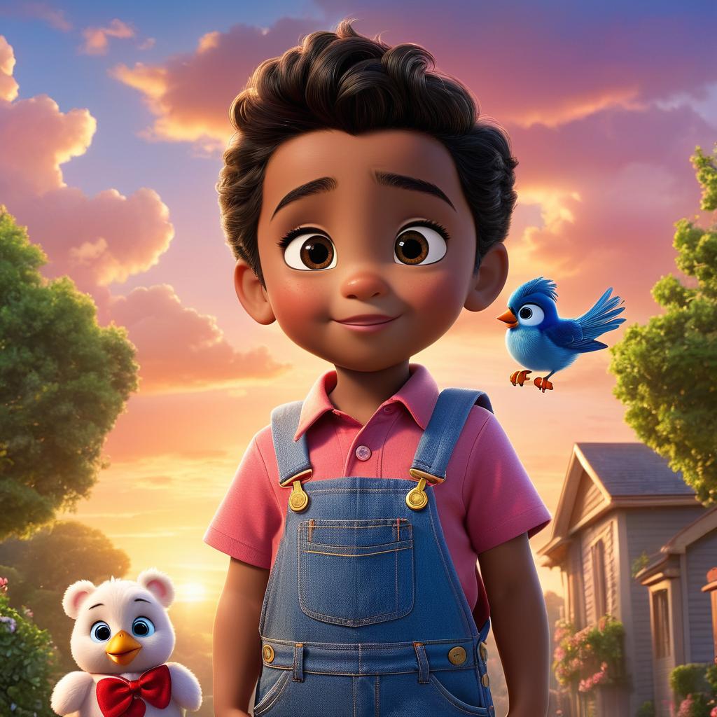  in 3d animated movie style. disney pixar style. ayan, 6, hard working, responsible, curious, blue t shirt, denim overalls, red sneakers, teddy (magical toy), mischievous, loyal, quick witted, red bow tie, first light of dawn. high res pixar 3d animated film style, detailed rendering. pink and gold sky for serene atmosphere. bright, soft lights, warm feel. gentle bird's eye view of ayan and teddy in peaceful dawn light.