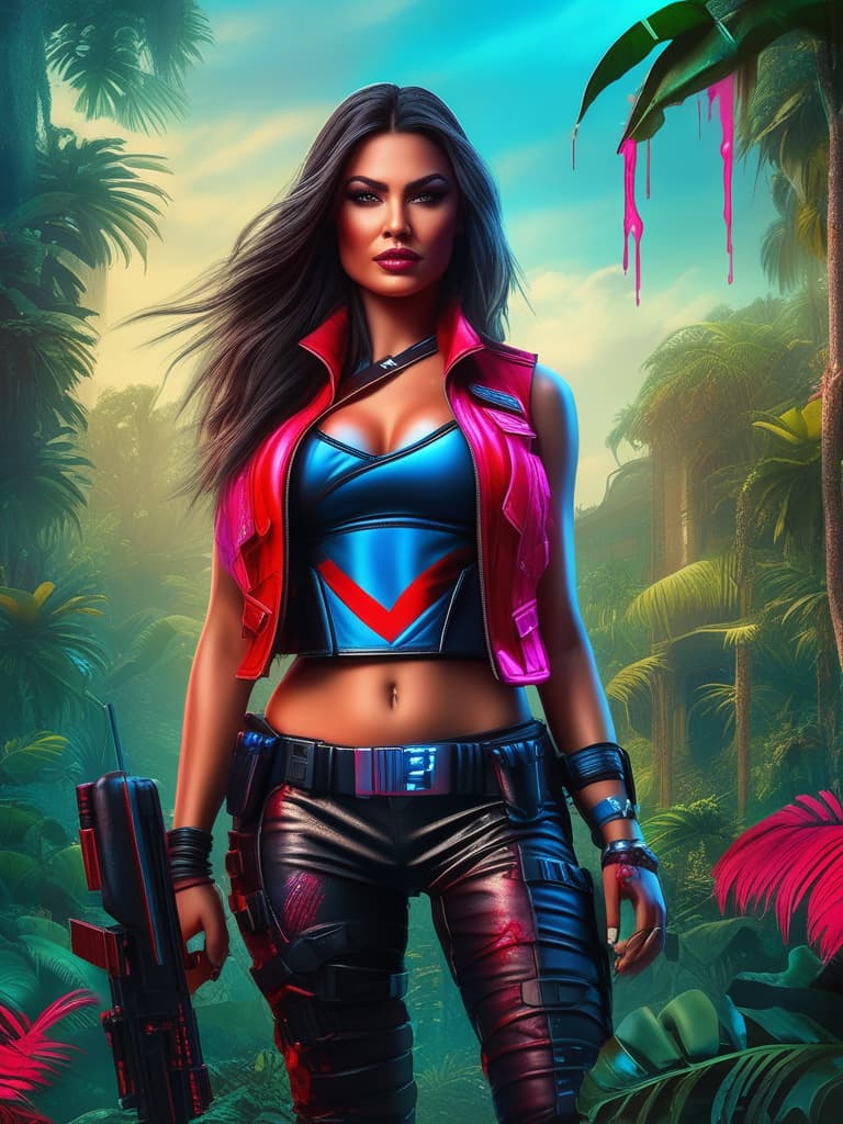  Futuristic female bounty hunter, red flowing, long hair, dressed in skin tight shorts and a sleeveless, leather flack vest; standing in a Columbian jungle outside a large villa...realistic neon pink and bright neon blue, with lots of blood dripping off face, grinning.