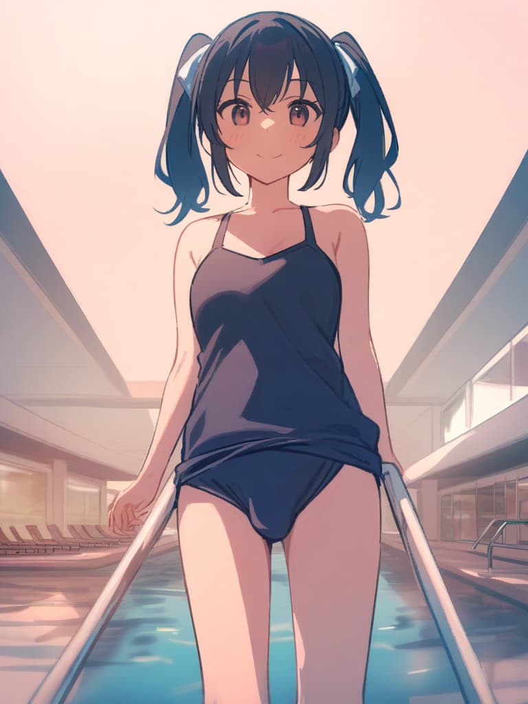  women's elementary students (male), twin tails, cute smiles, (rich s), short stature, dark blue swimwear, old swimwear, swimwear, simple, (upward), upward, (bulge), front, whole body, pool side ,,,