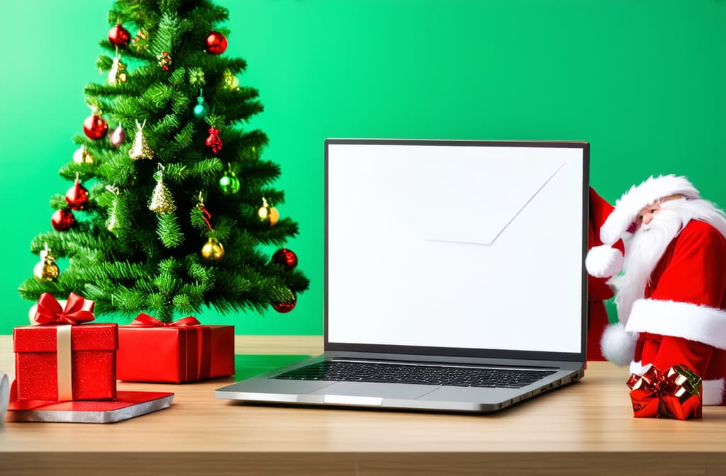  professional detailed photography, santa claus send letters online. christmas tree, gifts and decorations on work desk. green wall in background with copy space ar 3:2, (muted colors, dim colors, soothing tones), (vsco:0.3)