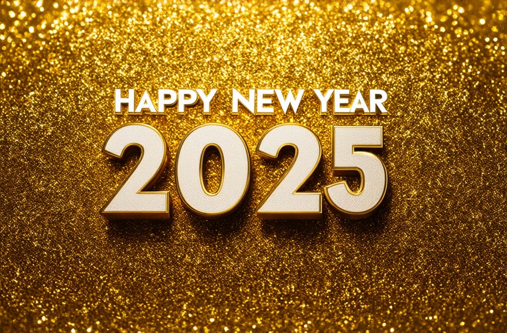  professional detailed photography, happy new year 2025 poster on golden background ar 3:2, (muted colors, dim colors, soothing tones), (vsco:0.3)