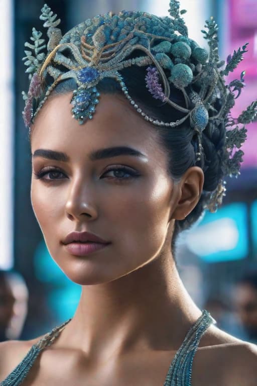  ultra realistic beautiful woman meta human: combined of artificial intelligence and human with visible brain processes and detailed face features. the picture represents how digital and ai world immerse into real world. organic elements are cooperating with codes to represent the combination of digital and real world. codes and brain processes are floating and moving. colours blue , pink, violet, white hyperrealistic, full body, detailed clothing, highly detailed, cinematic lighting, stunningly beautiful, intricate, sharp focus, f/1. 8, 85mm, (centered image composition), (professionally color graded), ((bright soft diffused light)), volumetric fog, trending on instagram, trending on tumblr, HDR 4K, 8K