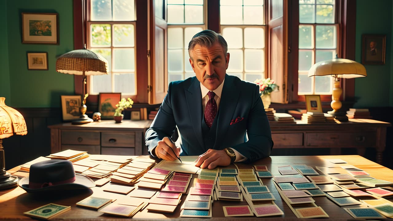  a cozy room filled with colorful stamp albums, a magnifying glass, and scattered vintage stamps. a person sits at a wooden desk, enthusiastically examining a rare stamp under warm sunlight streaming through a window. hyperrealistic, full body, detailed clothing, highly detailed, cinematic lighting, stunningly beautiful, intricate, sharp focus, f/1. 8, 85mm, (centered image composition), (professionally color graded), ((bright soft diffused light)), volumetric fog, trending on instagram, trending on tumblr, HDR 4K, 8K