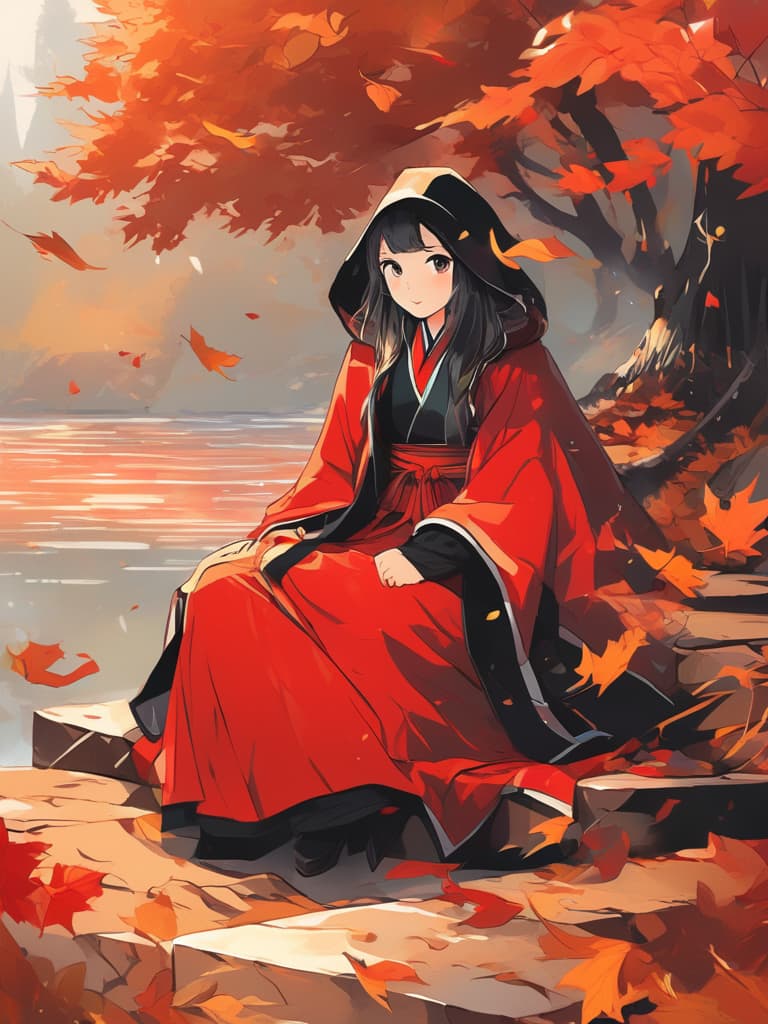  line art drawing autumn colors, oil painting, traditional attire, ink wash, fallen leaves, pond, woman in red robe, sword, vibrant autumn hues, lively atmosphere, ((mysterious aura)), female figures, powerful, ancient style, ((dramatic lighting)), highly detailed photo, sharp details, best quality, 4k, raw photo. professional, sleek, modern, minimalist, graphic, line art, vector graphics