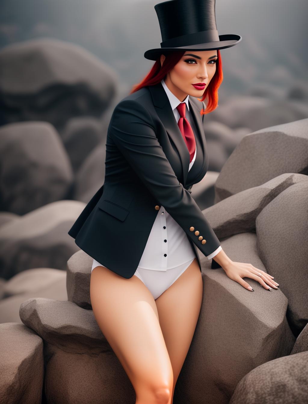  Hot woman, black suit loosely buttoned, red tie, top hat, red wing, horns, (high detailed skin:1.2), 8k uhd, dslr, soft lighting, high quality, film grain, Fujifilm XT3 hyperrealistic, full body, detailed clothing, highly detailed, cinematic lighting, stunningly beautiful, intricate, sharp focus, f/1. 8, 85mm, (centered image composition), (professionally color graded), ((bright soft diffused light)), volumetric fog, trending on instagram, trending on tumblr, HDR 4K, 8K