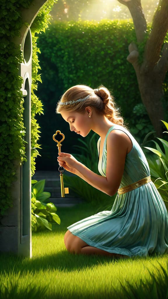  (photorealistic:1.2), (high detail:1.1), stunning digital art, young kneeling in sunlit backyard holding ornate glimmering key, expression of surprise and curiosity, lush green gr and hint of forest backdrop, clear details, best quality, extremely detailed cg 8k wallpaper, volumetric lighting, hyper realistic digital art