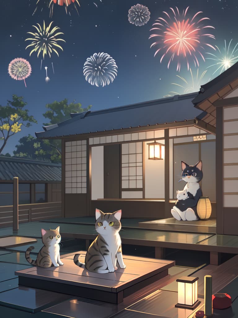  1cat,small cat ,japanese cat ,sit and look up，japanese house roof ,sit on a tiled roof,fireworks,midnight,