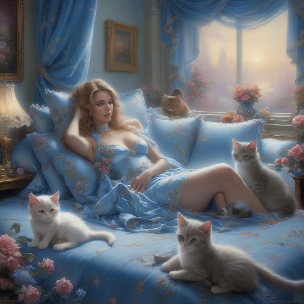  a woman reclines amidst blue drapery with kittens, surrounded by pillows with floral and feline motifs, evoking a serene, elegant atmosphere.thomas kinkade's ethereal sci fi super destroyed fog