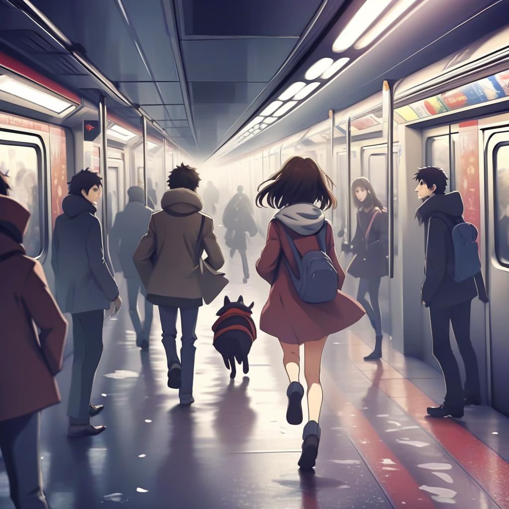  anime, winter, subway, a girl runs away from a boy and gets lost among people, everything happens in the subway.