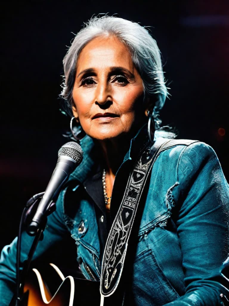  A younger Country singer Joan Baez, medium shot, upper body, spotlight, long exposure lighting, street art style spray paint, glamour lighting