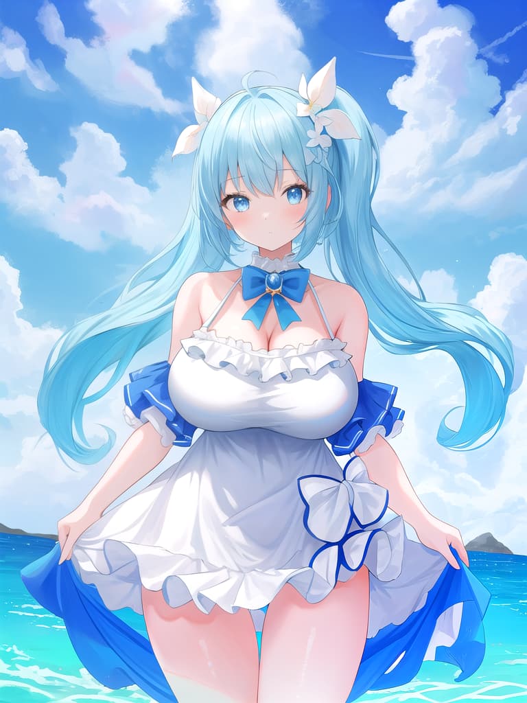  Cute, vtuber style, light blue hair, swimwear, huge breasts, shy, masterpiece, best quality,8k,ultra detailed,high resolution,an extremely delicate and beautiful,hyper detail