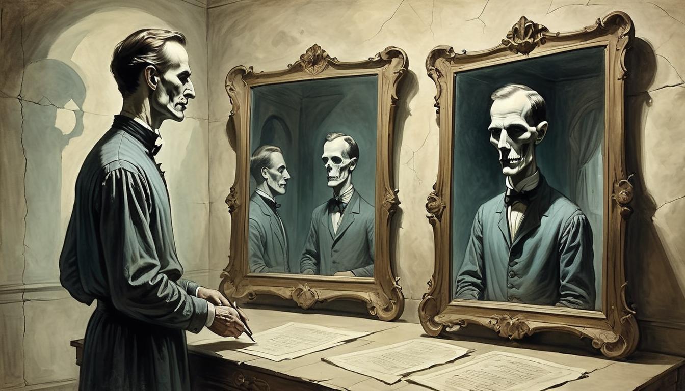  on parchment, surrealism+++, a person standing before a mirror, reflection shows a distorted, regretful face, dimly lit, symbolic of self reckoning, troubled, sorrowful(mysterious, provocative, symbolic,muted color)+++