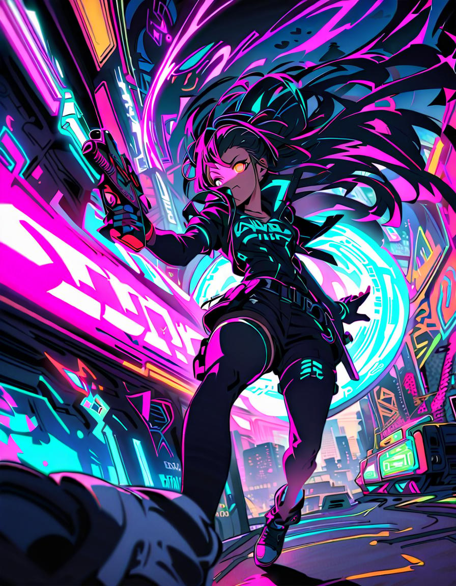  young punk., holding a futuristic weapon, ready to fight, leaping through the air, and creating graffiti art., determined and rebellious., break thrilling cyberpunk adventure., neon lit urban streets., futuristic weapon, graffiti can, colorful spray paint, and holographic displays., break vibrant and chaotic with a mix of danger and excitement., glowing neon lights, dynamic motion lines, vibrant color contrasts, and futuristic holographic overlays.,