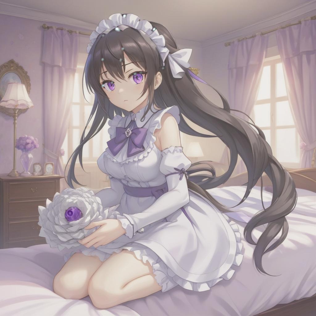  anime artwork , 20 year, dark hair, hair folded into a bundle, purple eyes, open maid's outfit, cutout on the , small silver earrings, bedroom . anime style, key visual, vint, studio anime, highly detailed