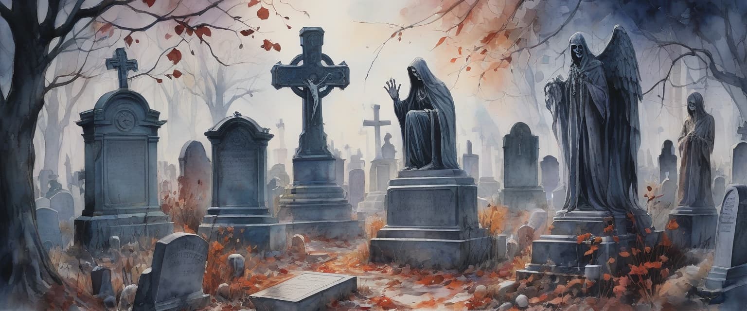  watercolor painting slavs meet ghouls in the cemetery and fear . vibrant, beautiful, painterly, detailed, textural, artistic