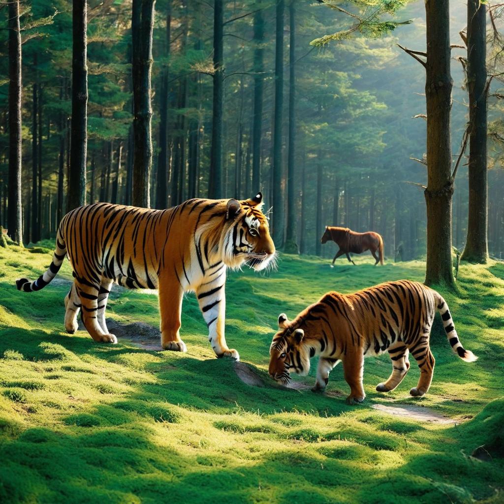  a picture of tigers, pigs, horses, and a picture of the forest, with sunlight. lovely style。, award winning, professional, highly detailed, masterpiece