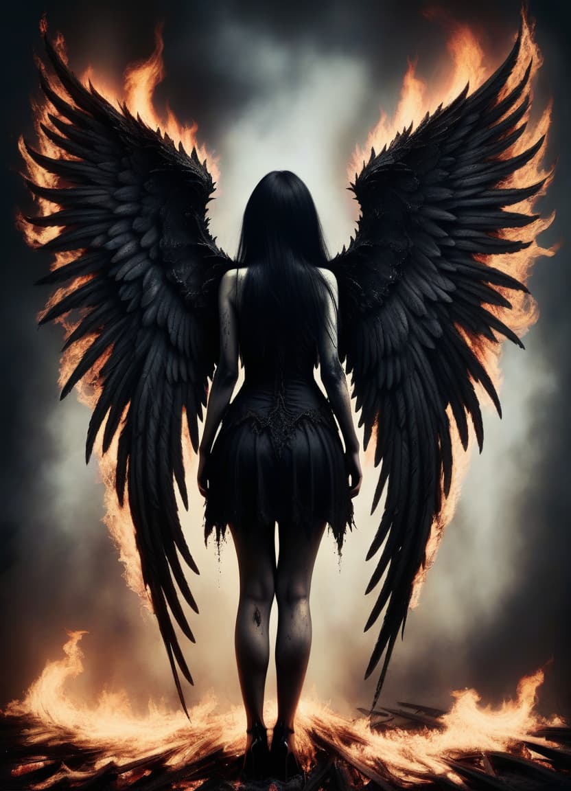  macabre style make her a fallen angel and from her back grow wings engulfed in fire . dark, gothic, grim, haunting, highly detailed