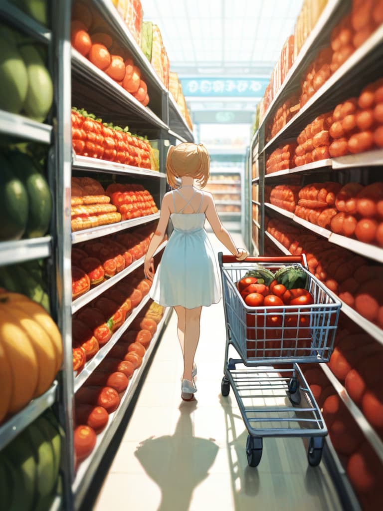  with tomatoes, shopping carts, blonde ponytails, white headphones, snakes tattoo, whole body, walking figure, heart tattoo on arms, white dress dresses, shopping carts, shopping carts, shopping carts there are eggplant and celery in, masterpiece, best quality,8k,ultra detailed,high resolution,an extremely delicate and beautiful,hyper detail