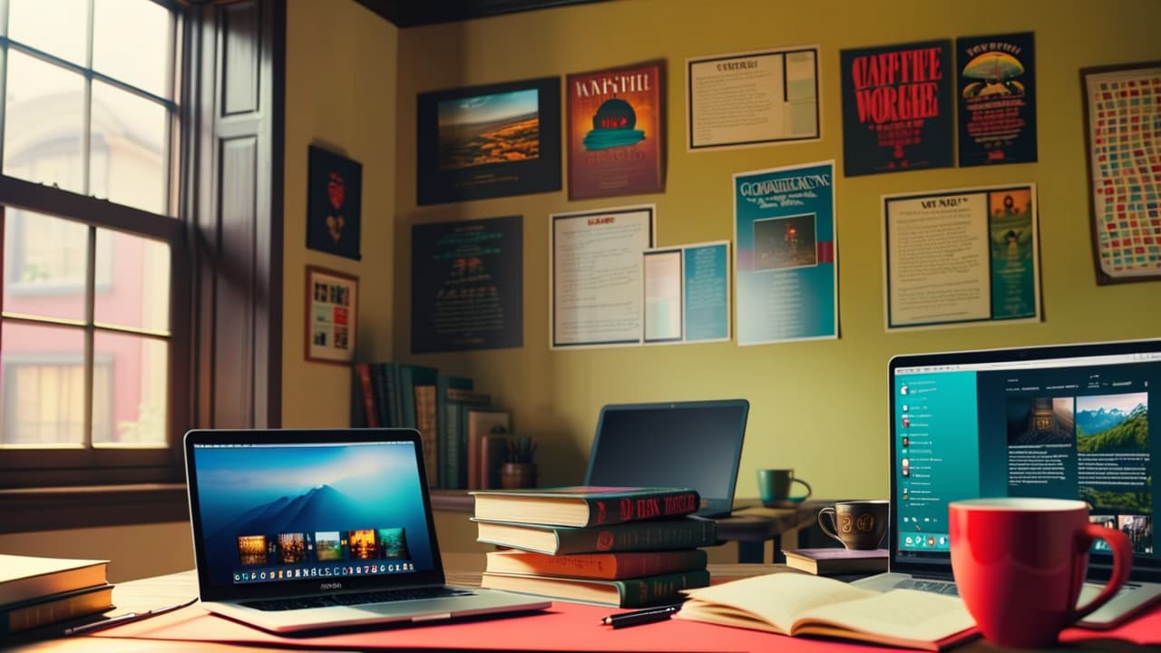  a cozy home office with a laptop open to a tutoring platform, stacks of books on the desk, a steaming coffee mug, and a wall adorned with educational posters, showcasing a warm, inviting workspace. hyperrealistic, full body, detailed clothing, highly detailed, cinematic lighting, stunningly beautiful, intricate, sharp focus, f/1. 8, 85mm, (centered image composition), (professionally color graded), ((bright soft diffused light)), volumetric fog, trending on instagram, trending on tumblr, HDR 4K, 8K