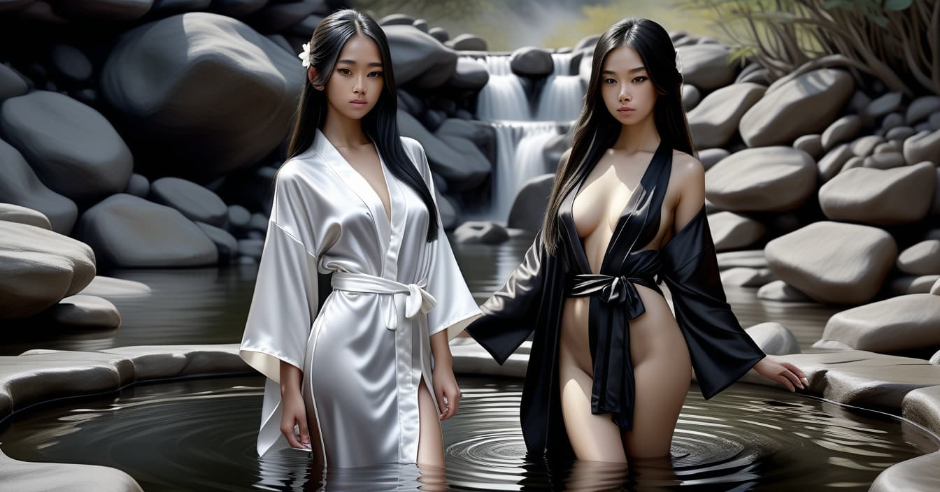  hyperrealistic art full length view, two girls on hot springs, in tight and short silk robes, white and black long hair. . extremely high resolution details, photographic, realism pushed to extreme, fine texture, incredibly lifelike, perfecteyes, hkmagic