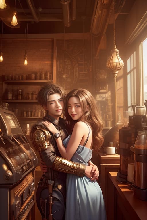  a boy hugs a girl in a coffee shop. they both smile happily at each other. there is a coffee machine in the foreground., meccog,cog,the photograph has a cinematic quality to it, with dramatic lighting that emphasizes the beauty of the model advertising photo,high quality, good proportion, masterpiece , the image is captured with an 8k camera