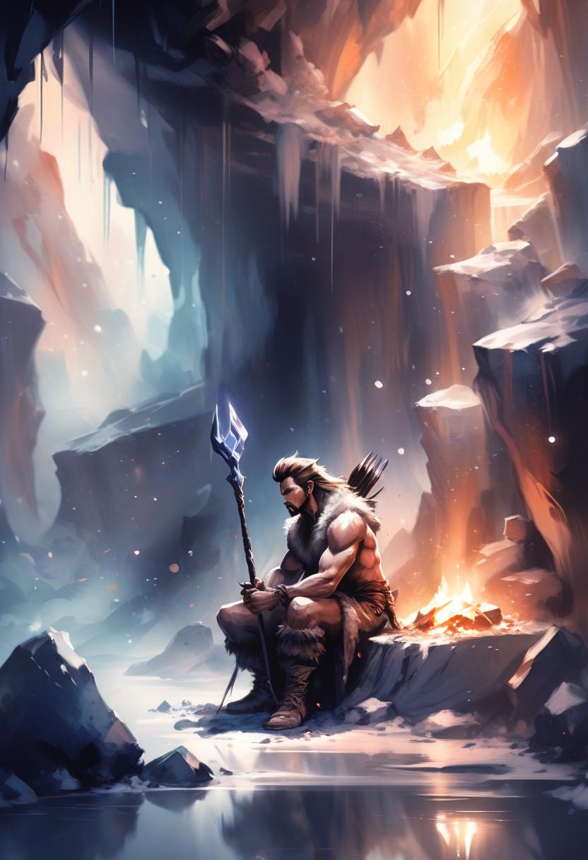  (ink sketch:1.2), (art by style of ross tran:1.4), depicting an expressive stone age man hunter in cave, whose image seamlessly blends with the textures of the stone cave, clad in a fur, sits in front of the fire, traditional media, watercolor, fantasy illustration, soft colors, final fantasy, the warrior of light from final fantasy, beautiful mysterious clouds, in a magical world, illuminated by a silvery glow. on a dark background of complex texture: stars, silver dust, abstract electric sparks,