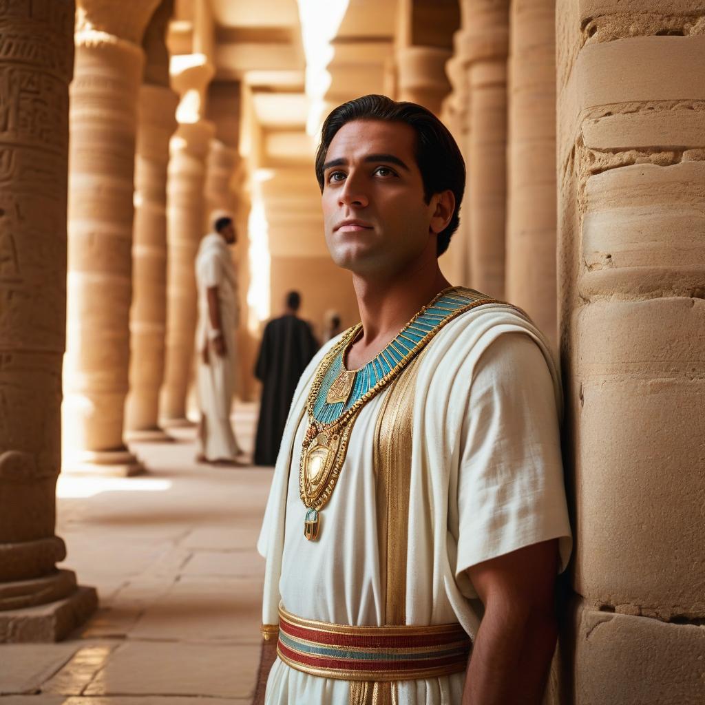  cinematic photo screenshot from the film; pastel colors; face and body angle in 3/4; an incredibly beautiful thirty ancient egyptian man is waiting for someone in the corridor of an ancient egyptian building, leans against the wall and looks up; he raised his head up; he is dressed in exquisite ancient egyptian clothes made of white linen and wears ancient egyptian jewelry; he looks much younger than his years; he has pleasant, pretty facial features; his face is smoothly ; he has delicate and smooth skin; he has an unusual for an egyptian light; he has a bright light corridor with a bright light, with a brighter shoulder shoulder hair; he is covered with a straight shoulder. . 35mm photograph, film, bokeh, professional, 4k, 