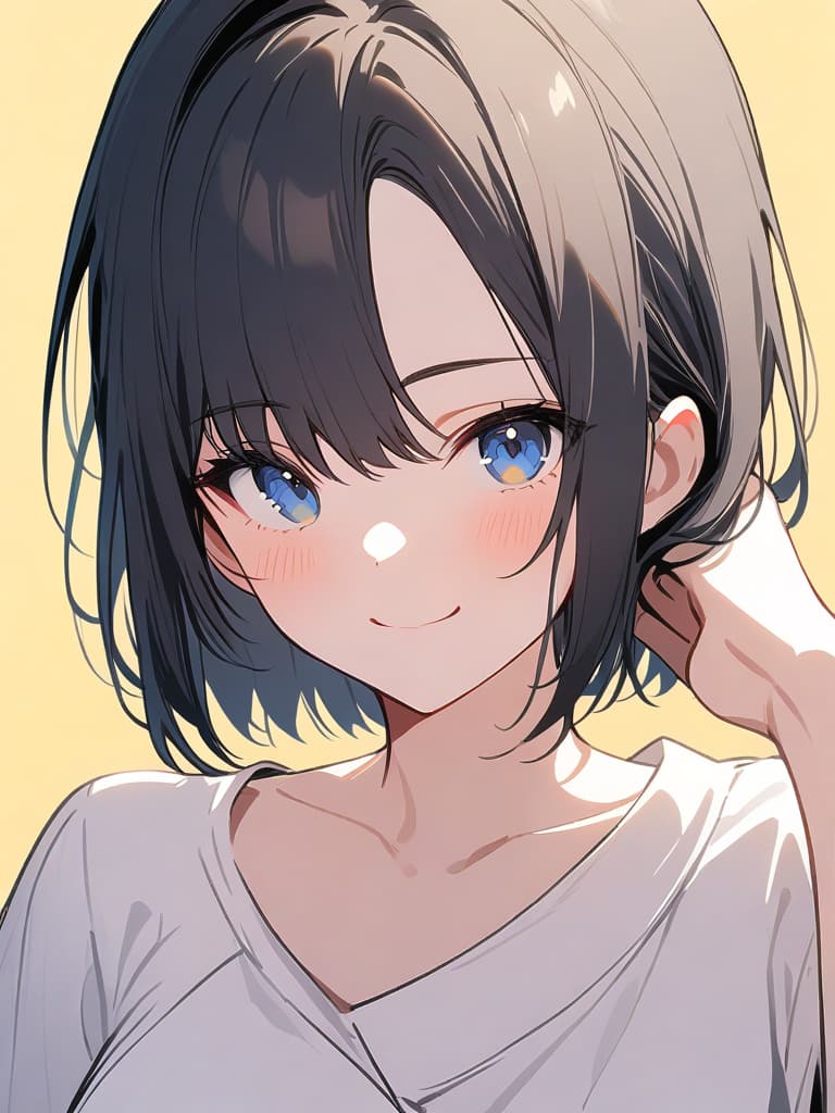  ultra detailed:1.2,masterpiece:1.2,best quality,masterpiece,bestquality,hdr:1.1,8k:1.1,very cute girl:1.3,(((off center part hair,three seven hair parting:1.9)))(short hair:1.1),(forehead:1.4),((from front:1.5)),(upper body:1.2)(face focus:1.2),(white sailor sundress:1.2)(smile:1.3)(light yellow background color:1.6)(black hair:1.1,blue eyes:1.1)(looking viewer:1.3)