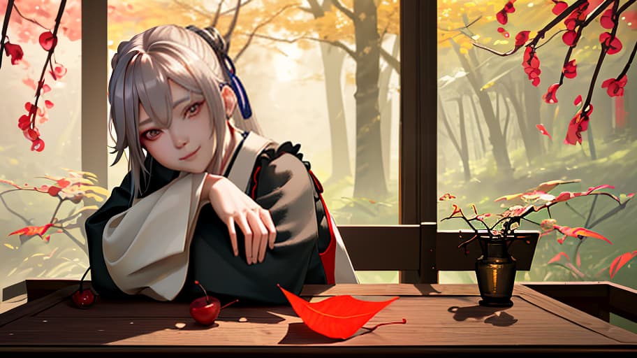  a woman sitting at a table with an apron on art, where two lovers, namely rizley with genshin impact and lynette with genshin impact gently hug and look at each other, and against the background a landscape with falling cherry leaves, photorealistic, hyperrealistic, hyperdetailed, analog style, demure, detailed skin, pores, smirk, smiling eyes, matte skin, soft lighting, subsurface scattering, realistic, heavy shadow, masterpiece, best quality, ultra realistic, 8k, golden ratio, intricate, high detail, film photography, soft focus